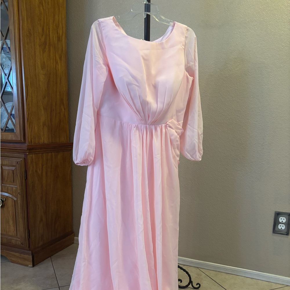 Elegant Pink Long Sheer Sleeve Dress